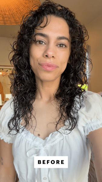 A selfie of Allure senior commerce director Shanna Shipin before using the Virtue Correct Strength Shield LeaveIn...