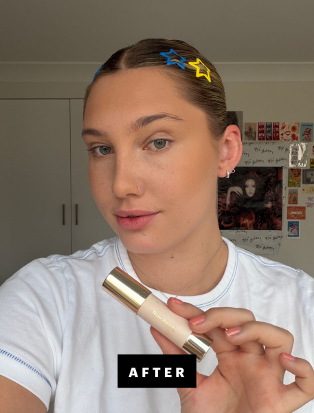 Katie Gunderman holding up cream bronzer